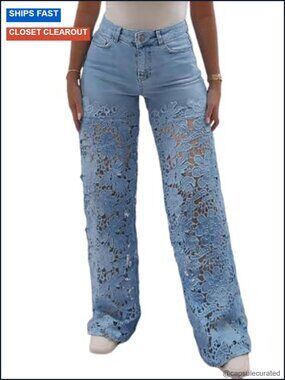 High Waist Wide Leg Jeans Lace Spliced Stretchy Denim Pants with Pockets